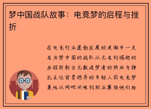 梦中国战队故事：电竞梦的启程与挫折
