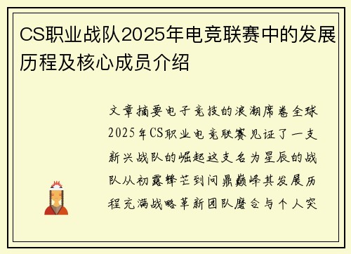 CS职业战队2025年电竞联赛中的发展历程及核心成员介绍
