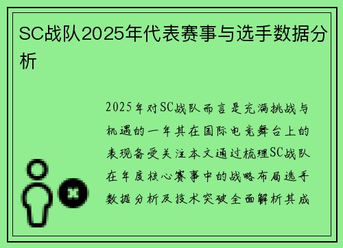 SC战队2025年代表赛事与选手数据分析